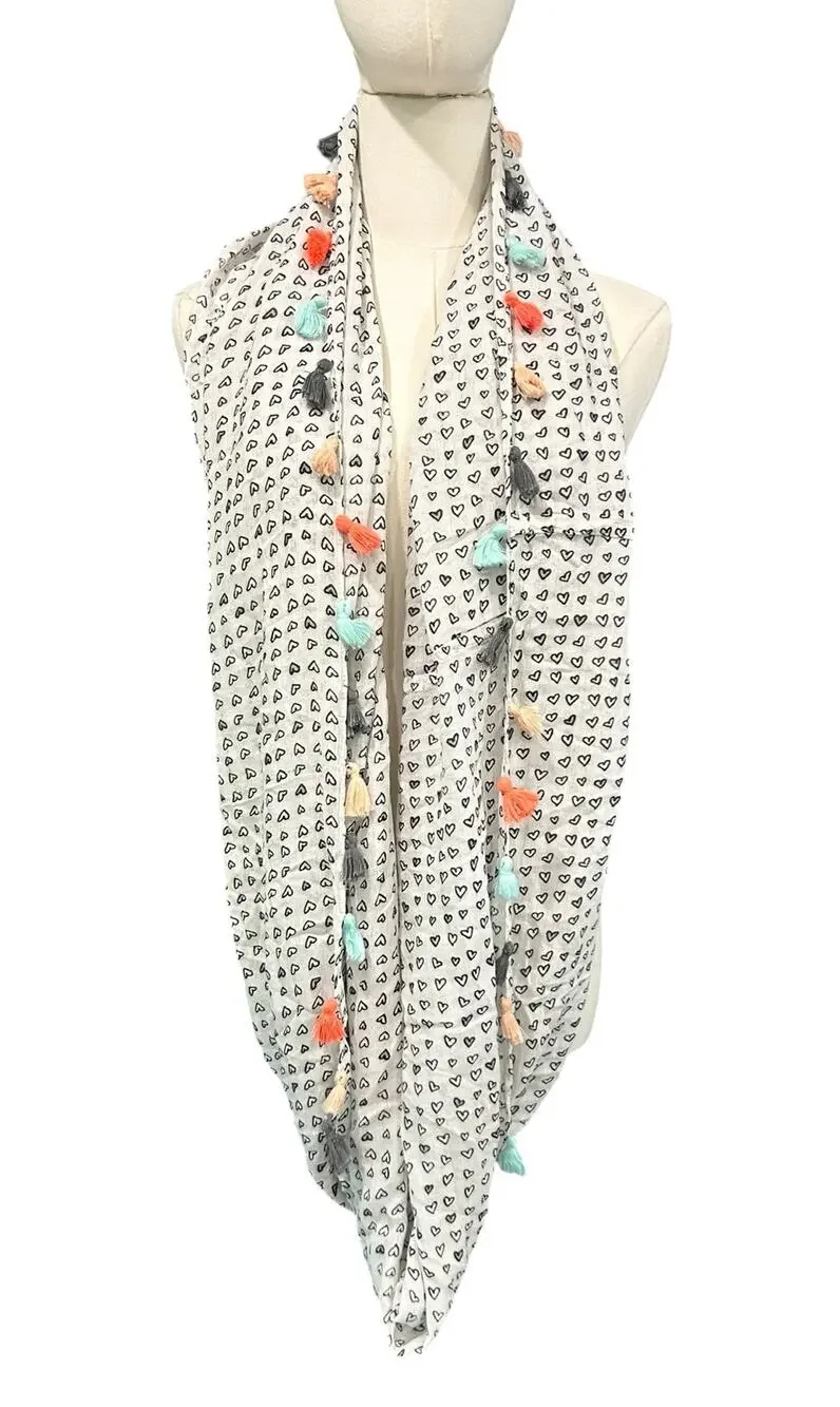 Aeropostale White Infinity Scarf Multicolor Hearts Fringe Trim Boho Chic Hippie